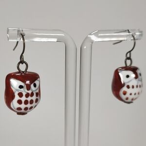 Handmade Cute Little Ceramic Bead Owl Fishhook Post Earrings